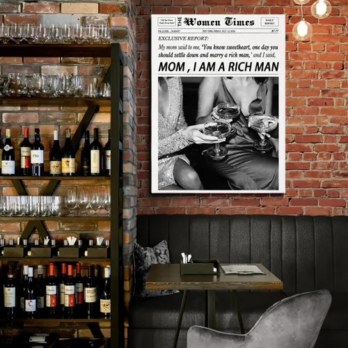 Miniatura 3 de Arte de pared de periódico retro, arte de pared de moda con texto en inglés "Mom I Am A Rich Man", divertido póster estético de habitación indie