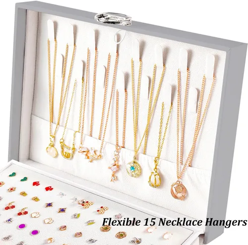 Miniatura 22 de Joyero de pendientes para mujeres y niñas, organizador de aretes de 5 capas, caja organizadora de joyas blanca con candado, collares y aretes