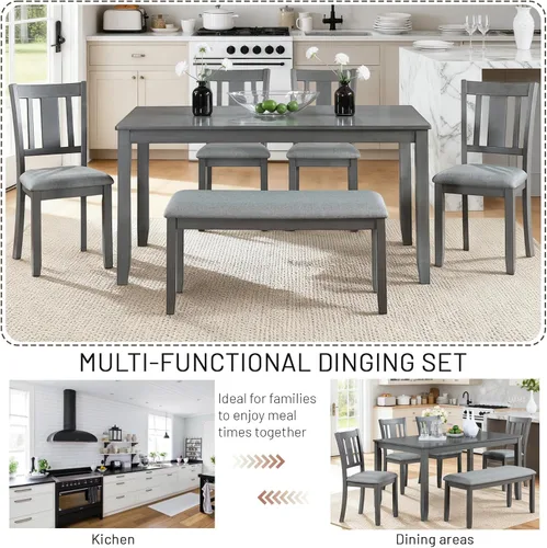 Miniatura 4 de Elegante juego de mesa de comedor de madera de 6 piezas con 4 sillas de respaldo de listones y un banco, juego de mesa de comedor de cocina para 6