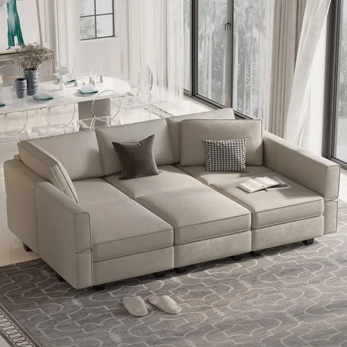 Miniatura 11 de Belffin - Sofá cama modular con otomanas, de terciopelo, reversible y con asiento con almacenamiento, color azul
