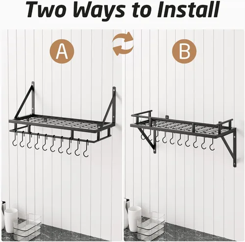 Miniatura 7 de KES Estante para ollas de cocina de 24 pulgadas montado en la pared, organizador de almacenamiento con ganchos, estante de pared en mate negro