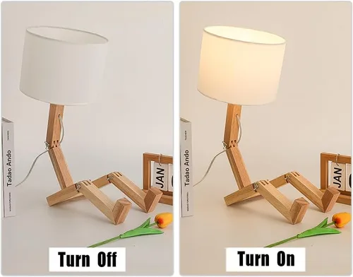 Juego de 2 lámparas de escritorio robot, lindo y divertido robot de madera DIY lámpara de mesita de noche, forma ajustable para dormitorio, estudio,