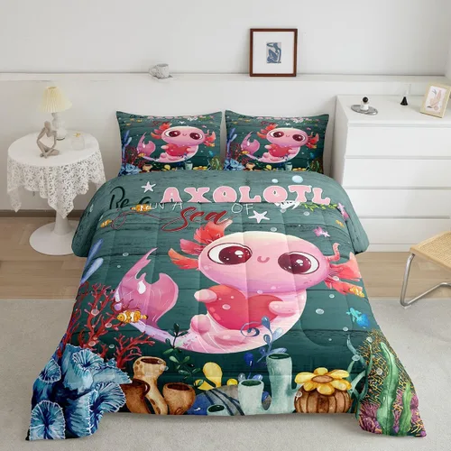 Miniatura 17 de Erosebridal Juego de edredón de ajolote rosa Kawaii Walking Fish para niños, edredón de reptil de criatura bajo el mar, arrecife de coral