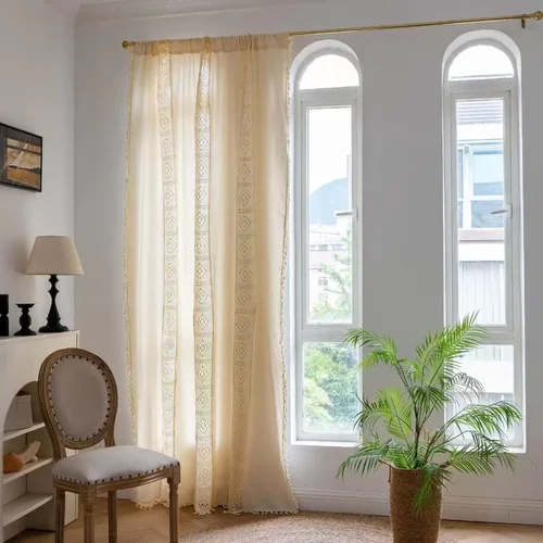 Miniatura 52 de Deeprove Cortinas bohemias para dormitorio, rayas huecas de ganchillo crema y estampado floral, tela de lino de algodón, con borlas beige bohemias