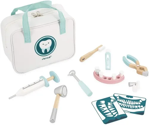 Janod - Estuche del dentista - Juguete ocupacional de juego de simulación - 9 accesorios de madera y cartón incluidos - Impulsa la imaginación -