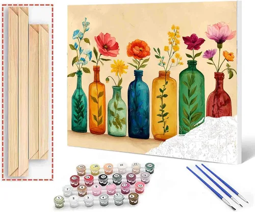 Kit de pintar por números de flores silvestres en jarrones vintage para adultos principiantes, kit de pintar por números de plantas naturales sobre