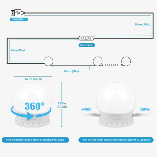Miniatura 2 de Luces LED de tocador para espejo, luces de tocador adhesivas con 10 bombillas regulables, 3000K 4000K 6500K y 10 niveles de brillo ajustable, cable