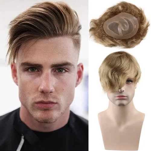 Miniatura 12 de Voloria Toupee - Pieza de cabello para hombre, sistema de reemplazo de cabello humano virgen 100% europeo, 10 x 8 pulgadas, color marrón claro #18