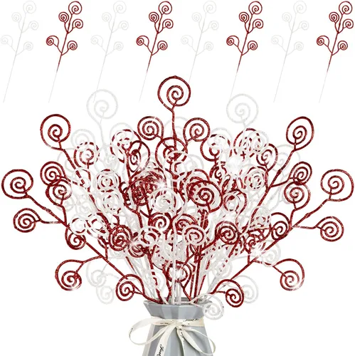 Miniatura 14 de 24 piezas de adornos de Navidad con purpurina, palitos decorativos, palillos de dulces, rociadores rizados, ramitas para Halloween, ramas de árbol