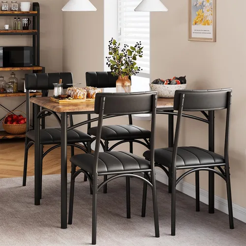 Miniatura 10 de Mesa de cocina y sillas para 4, juego de comedor rectangular con sillas tapizadas, perfecto para espacios pequeños, color negro rústico