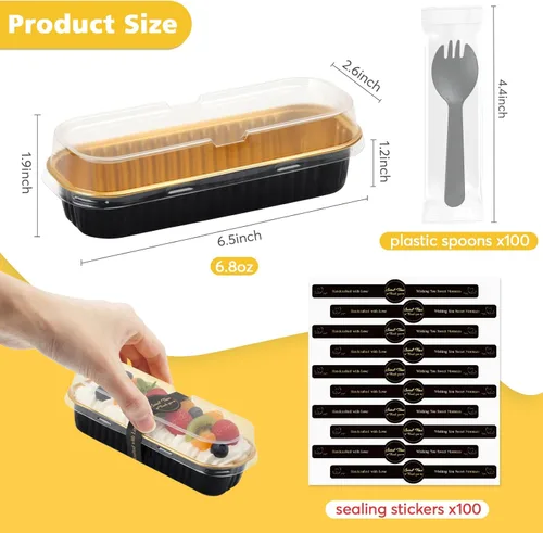 Miniatura 3 de Ruckae Paquete de 100 Mini Moldes para Pan Mini Moldes para Hornear Pan con Tapas y Cucharas, Moldes de Papel de Aluminio Desechables, Moldes