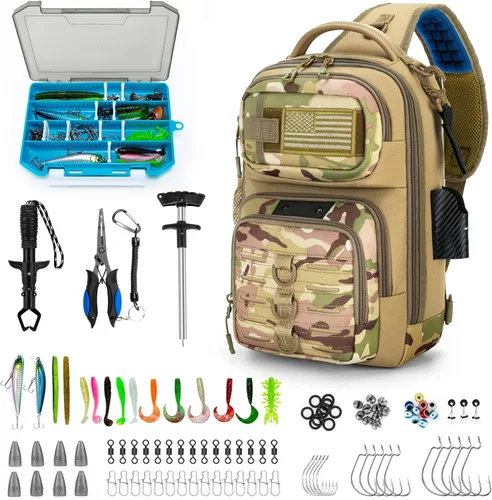 Miniatura 9 de Bolsa de pesca con soporte de caña de pescar, calcomanías fijas, sistema MOLLE, cebo suave y almacenamiento de equipos, regalo para hombres, negro