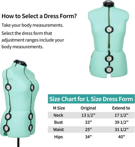 Miniatura 4 de BHD BEAUTY Maniquí de Costura Femenino de Tela Ajustable Verde Menta con 13 Diales, Torso Corporal de Maniquí con Soporte de Trípode, Hasta 70