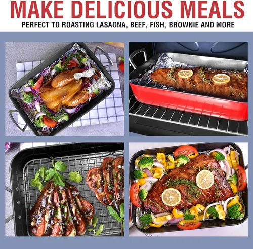Miniatura 4 de Sartén para asar con estante antiadherente para hornear con asa, de acero al carbono, para asar pavo, pollo, verduras, carne de res, mariscos, Rojo