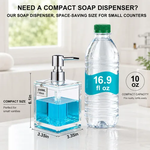 Miniatura 4 de LGURT Dispensador de jabón acrílico transparente cuadrado de 10.1 fl oz con bomba, dispensador de jabón de manos compacto recargable para encimera