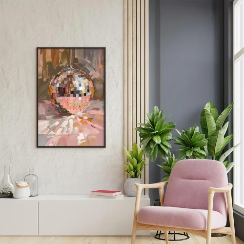 Miniatura 4 de Arte de Pared en Lienzo de Bola de Discoteca Rosa Suave de Moda, Póster con Textura de Bola de Espejo Plateada Funky para Chica, Impresión