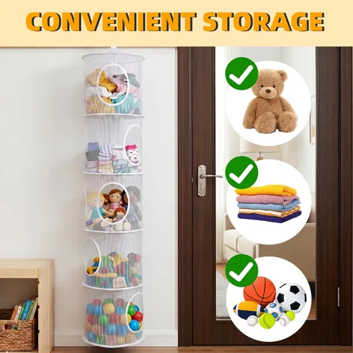 Miniatura 7 de Almacenamiento Colgante para Juguetes de Peluche, Organizador de Almacenamiento de Peluches Plegable para Rincón con 4 Compartimentos, Organizador