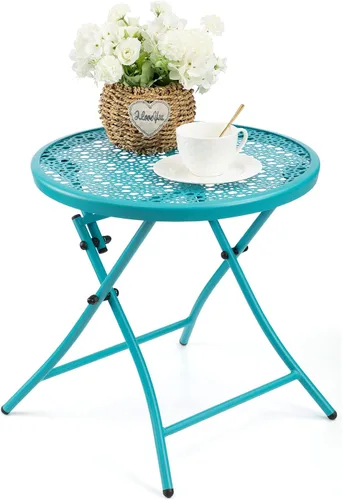 Miniatura 14 de Mesa auxiliar para exteriores, mesa auxiliar redonda plegable de metal, resistente a la intemperie, mesa decorativa de patio pequeño para porche