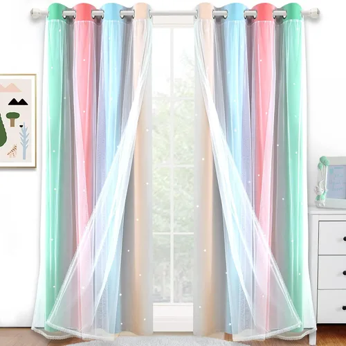 Miniatura 13 de Cortinas opacas con recorte de estrellas y arcoíris para guardería/habitación de niños/niñas, con superposición de tul, 2 paneles, cada una de 52