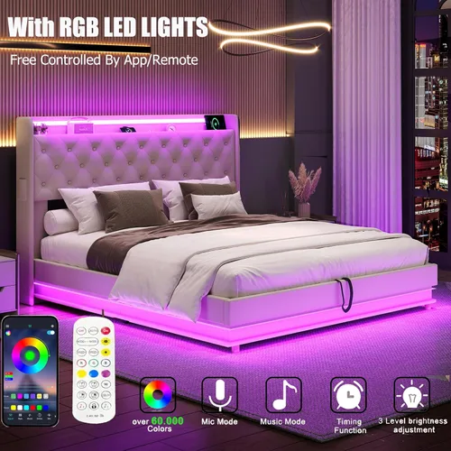 Miniatura 5 de Ailisite Cama de almacenamiento elevable de tamaño matrimonial, cama de plataforma tapizada con cabecera de almacenamiento con botones capitoné