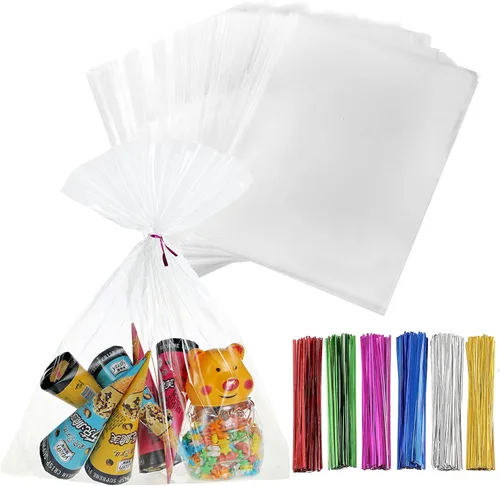 Miniatura 19 de 200 bolsas de celofán planas de celofán de 7 x 12 pulgadas con lazos torcidos de 6 colores, embalaje de galletas, dulces, postres de regalo, bolsas