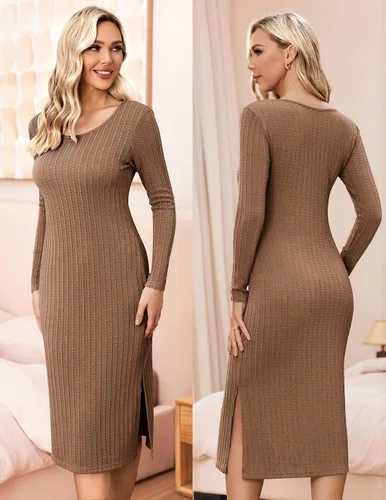 Miniatura 4 de Ekouaer Maternity Dress Rib Knit Long Sleeve Side Slit Bodycon Dresses Pregnancy Baby Shower Clothes S-XXL