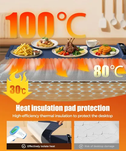 Miniatura 2 de Tapete de calentamiento de alimentos con almohadilla resistente al calor, 26 x 15 pulgadas, 6 ajustes de temperatura y 6 ajustes de temporizador