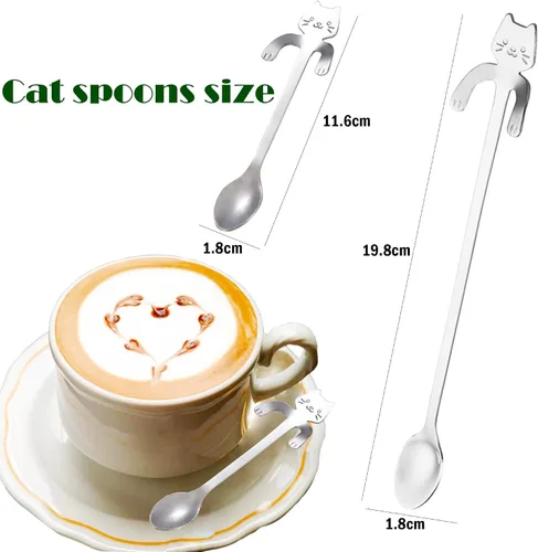 Miniatura 2 de Juego de 6 cucharas de té y café, de acero inoxidable, mini cucharas largas y lindas para gatito, para mezclar bebidas de postre (plateado)