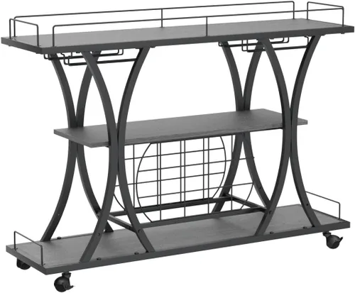 Miniatura 4 de mikibama Carrito de bar industrial de metal móvil de madera para el hogar, pequeño carrito de bar rústico con estante para vino y estantes