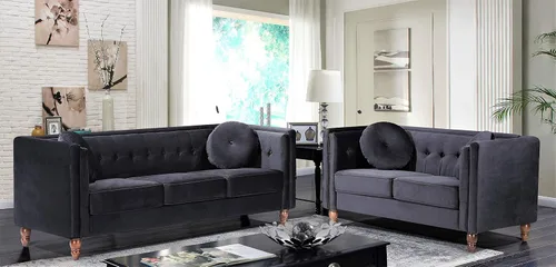 Miniatura 6 de Container Furniture Direct Lexie Velvet Comfy Mid Century Chesterfield - Sofá biplaza de tres plazas para apartamento, dormitorio y oficina, juego