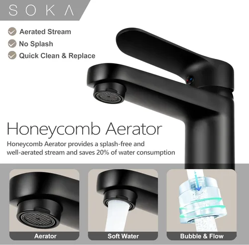 Miniatura 3 de SOKA - Grifo de baño de latón negro mate con tapón de desagüe emergente y placa de cubierta - Grifo monomando para RV con 1 o 3 agujeros