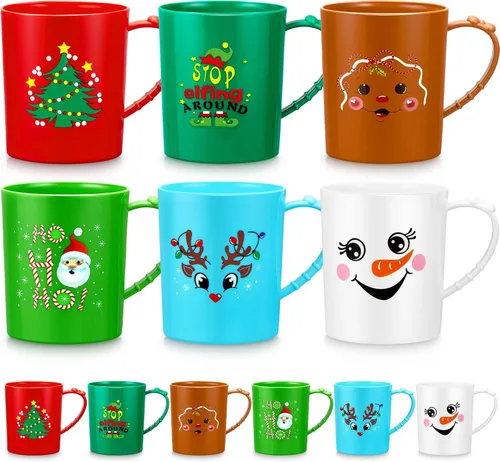 Miniatura 7 de Suclain 6 tazas de plástico – Tazas de café de Navidad y vacaciones de 15 onzas con asa – Tazas de Papá Noel y muñeco de nieve para niños