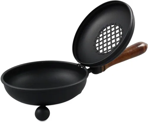 Quemador de incienso de hierro negro con mango de madera y tapa plegable, incensario prémium de 4.72 pulgadas (diámetro) para quemar incienso y