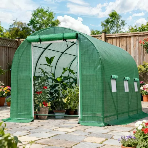 Invernadero de túnel con entrada, casa caliente portátil para plantas con puertas de malla con doble cremallera y 6 ventanas de malla, casa cálida