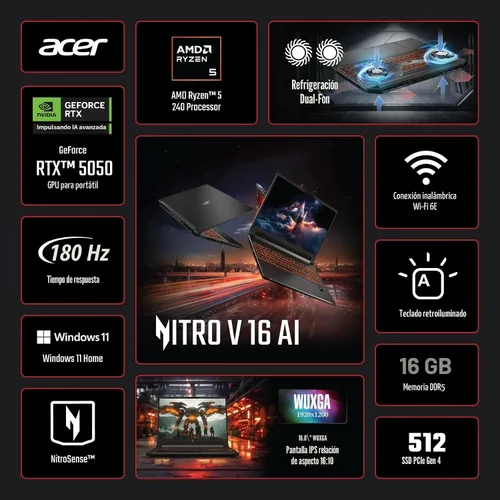 Miniatura 2 de acer Nitro V 16 AI WUXGA (1920 x 1200) IPS 180Hz Gaming Laptop AI PC, procesador AMD Ryzen 5 240, NVIDIA GeForce RTX 5050 8GB GDDR7 VRAM, 16 GB