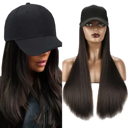 Miniatura 11 de Extensiones de cabello sintético Bobo corto con gorra de béisbol negra de 9 pulgadas, peluca con gorro de cabello negro y marrón para mujer, peluca