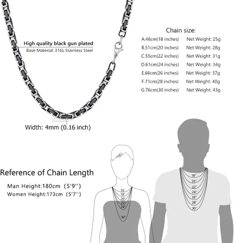 Miniatura 5 de PROSTEEL Collar de acero inoxidable de 0.1570.315 pulgadas para hombres, niños y mujeres, elegante y fresco, cadena bizantina, tono negro, dorado