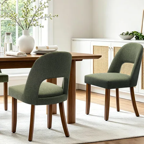 Miniatura 30 de Juego de 2 sillas de comedor de madera, modernas sillas de comedor tapizadas para cocina con tela de lino y respaldo abierto, patas de madera