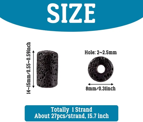 Miniatura 2 de Craftdady 25 cuentas de piedra de lava negra natural, tubo de columna, piedras preciosas volcánicas, cuentas sueltas para curación de energía