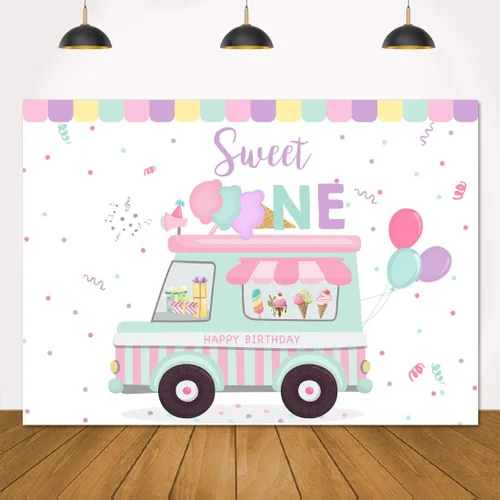 Lofaris Telón de fondo para tienda de helados con texto en inglés «Happy Birthday» Sweet One Summer Baby Girls Party Photography Background 1st