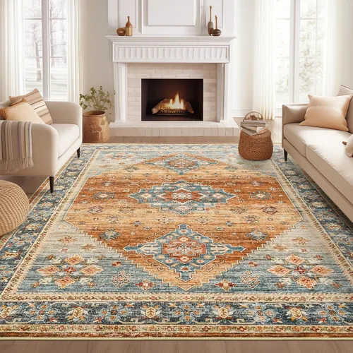 Miniatura 17 de Roxstand Alfombras de 2,44 x 3,05 m para sala de estar, alfombra vintage lavable con respaldo antideslizante, alfombra grande resistente a manchas