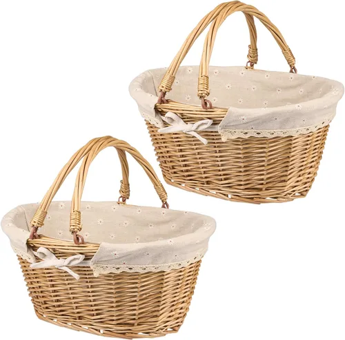Miniatura 12 de Paquete de 2 cestas de mimbre de tamaño mediano con asa, 12.6 x 9 x 4.7 pulgadas, cesta de mimbre para pícnic con forro, cesta de regalo vacía