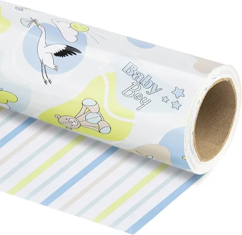 Miniatura 11 de WRAPAHOLIC - Papel de regalo reversible para bebé niña, mini rollo - 17 pulgadas x 33 pies - Diseño de bebé niña y rayas para baby shower, Bebita