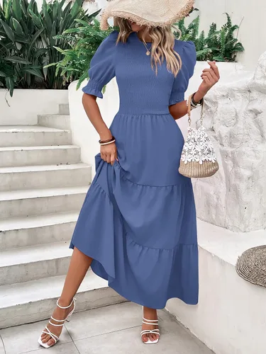 Miniatura 99 de BTFBM Vestidos para mujer, cuello redondo, casual, de verano, con volantes, manga corta, bohemio, con niveles, fruncido, largo, con estampado floral