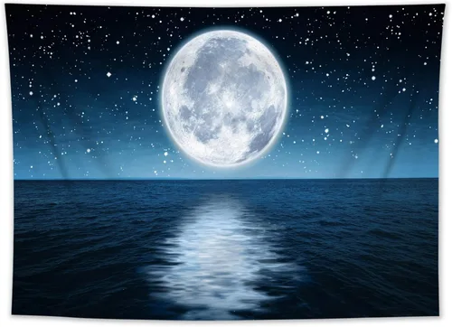 Miniatura 2 de LB Tapiz pequeño de luna llena sobre océano, tapiz de pared de cielo nocturno estrellado de galaxia, arte de pared de acuarela psicodélica