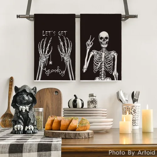 Miniatura 2 de Artoid Mode Juego de 2 toallas de cocina de Halloween con diseño de esqueleto espeluznante, 18 x 26 pulgadas, diseño de huesos con texto en inglés