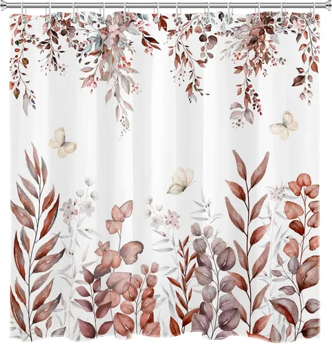 Miniatura 3 de LB Cortina de ducha de hojas de otoño, cortina de baño de hojas de eucalipto y mariposas, cortina de baño de plantas de otoño con gancho, 72 x 72