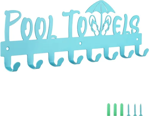Miniatura 7 de IBosins Toallero de piscina con 8 ganchos, toallero montado en la pared para exteriores o baño, colgador de toallas para colgar albornoces, toallas