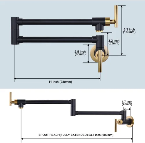 Miniatura 6 de WOWOW Grifo Llenador de Ollas Negro Dorado, Grifo Llenador de Ollas de Latón Macizo Montaje en Pared para Estufa de Cocina con Brazos Giratorios