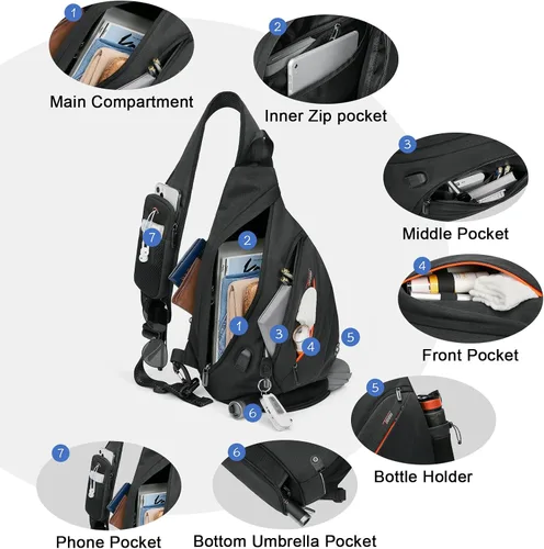 Miniatura 3 de TUDEQU Sling backpack, 8 Pockets Sling Bag Crossbody, 19L Large Sling Bag for Men Travel Crossbody Backpack Hiking Outdoor